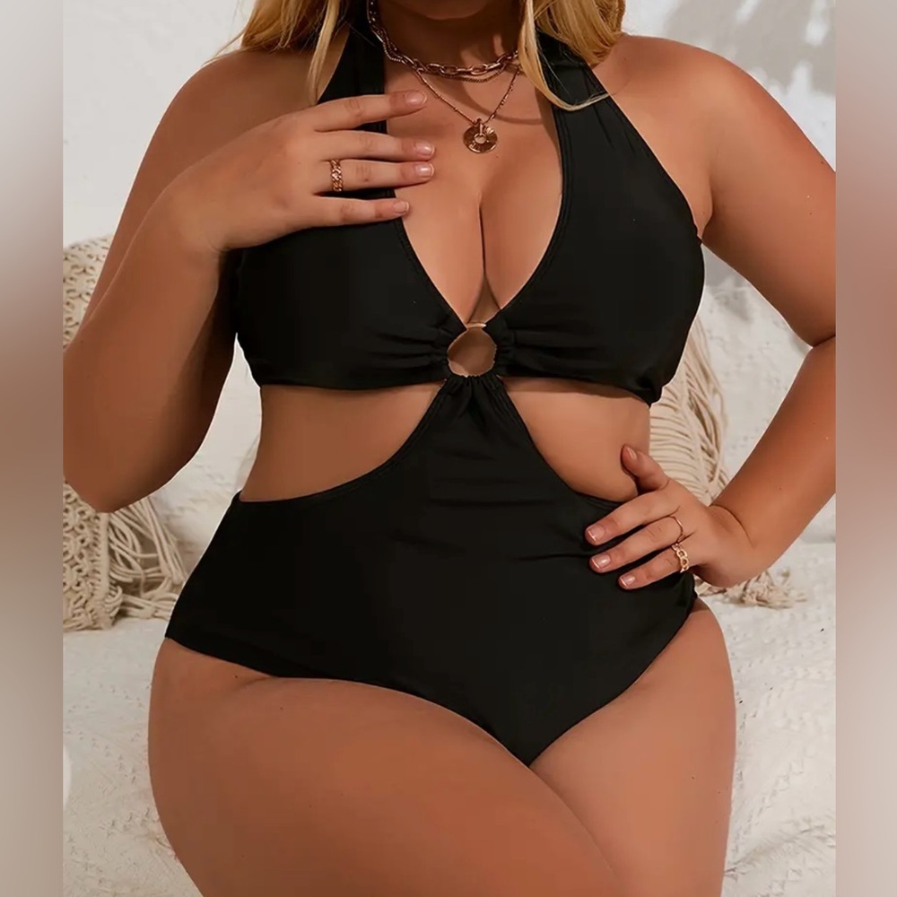Plus Size Black Halter Cut Out Swimsuit